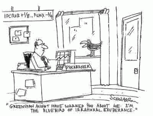 Greenspan is an American economist who was appointed chairman of the board of governors of the Federal Reserve System in 1987. He is the bluebird (a pretty songbird) of irrational superabundance